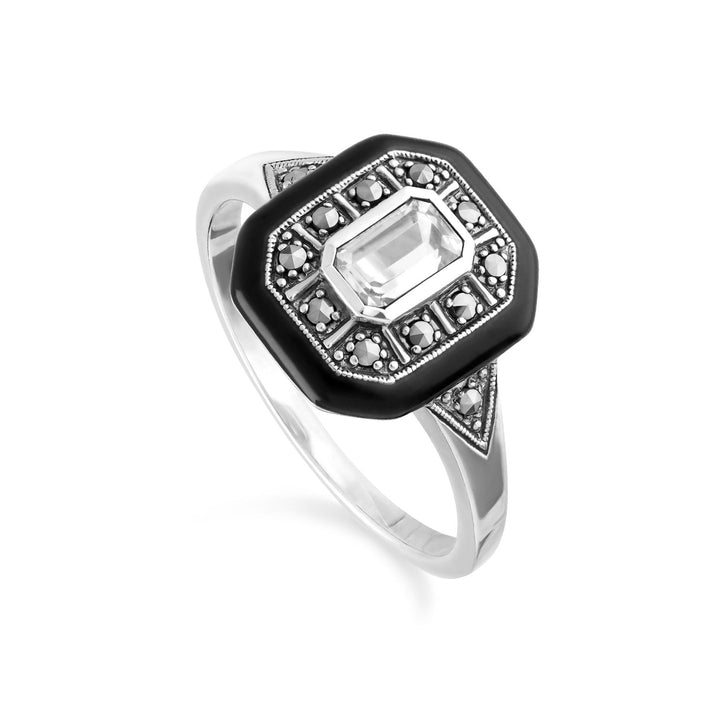 Anillo cuadrado de topacio blanco, esmalte y marcasita de inspiración Art Déco