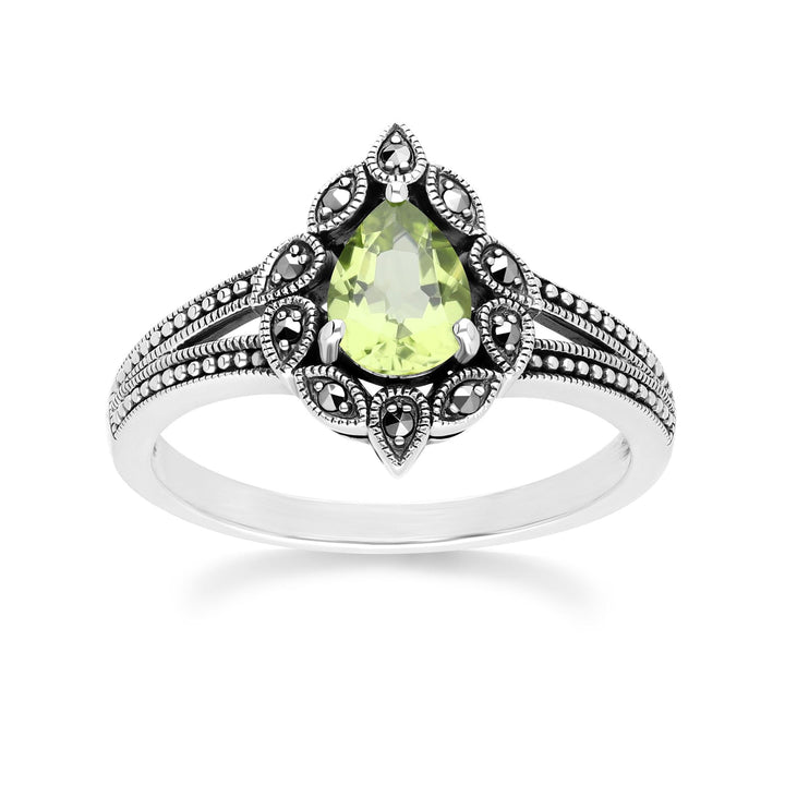 Anillo de peridoto y marcasita estilo Art Déco en plata de ley.