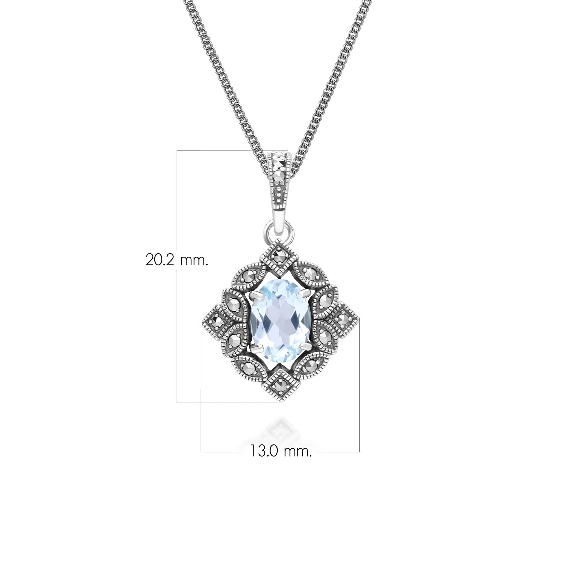Art Deco Style Oval Blue Topaz & Marcasite Pendant Necklace in Sterling Silver