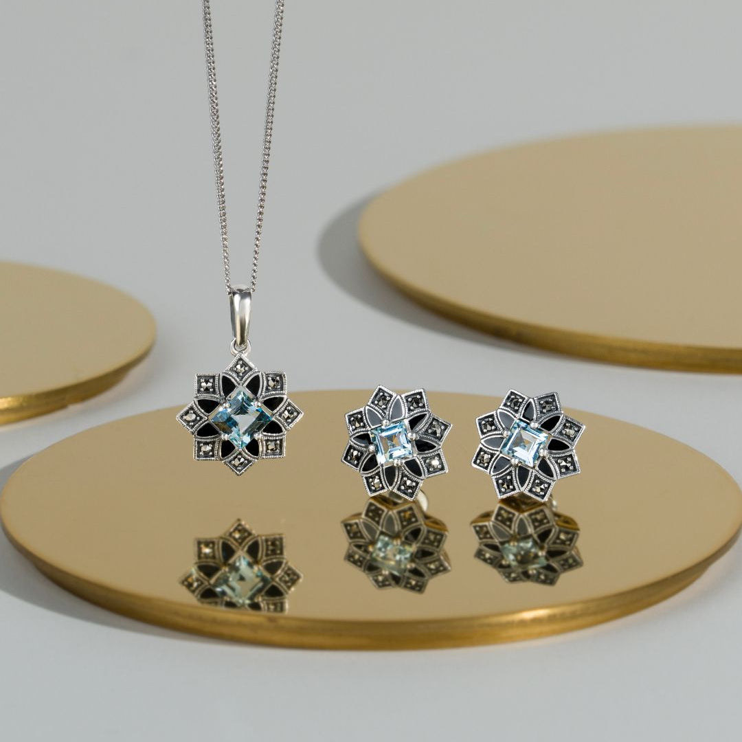 Pendientes con forma de estrella de topacio azul y marcasita inspirados en el Art Déco