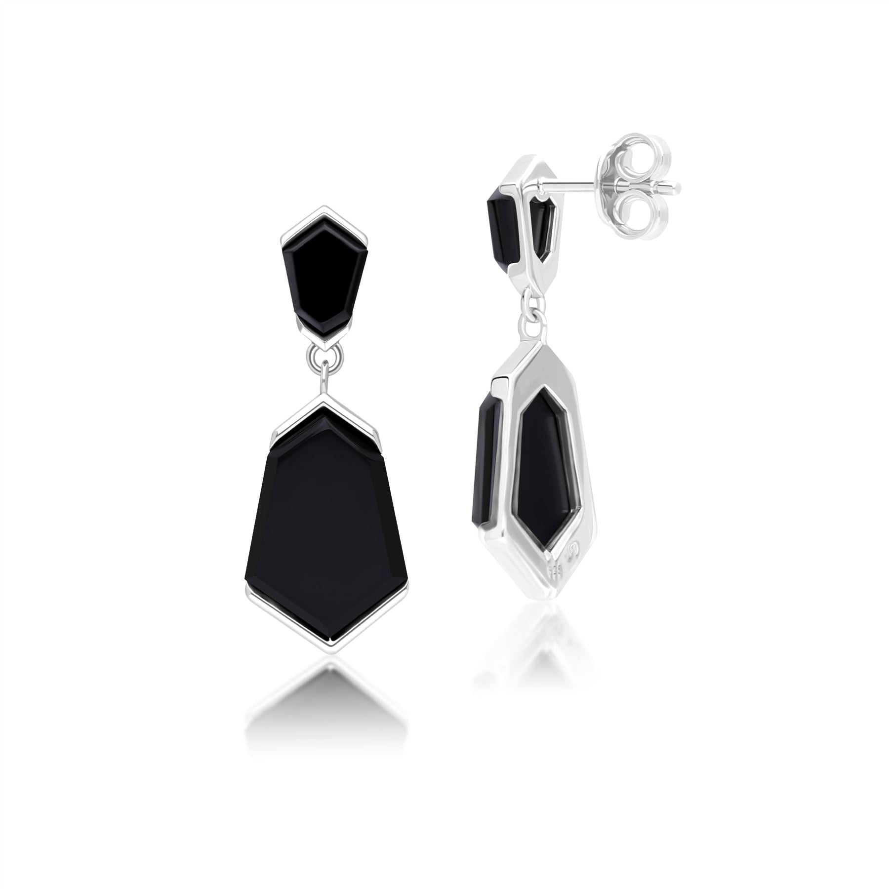 Grand Deco Hexagon Black Onyx Drop Earrings in Sterling Silver