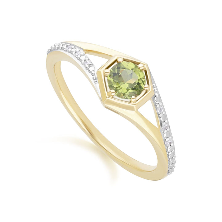Geometric Hexagon with Prong set Round Peridot and Diamond Ring in 9ct Yellow Gold