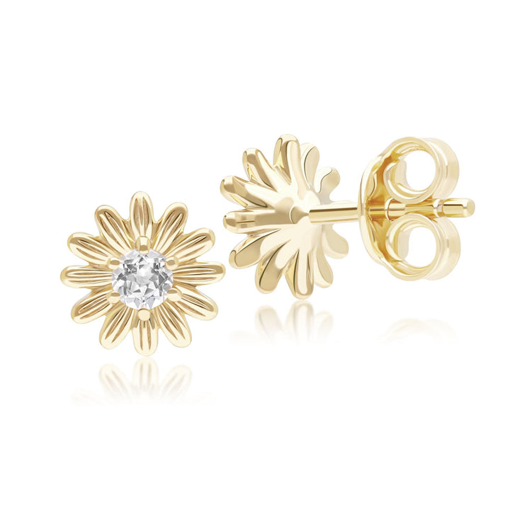 Gardenia Daisy White Sapphire Floral Halo Flower Stud Earrings in Solid 9ct Yellow Gold