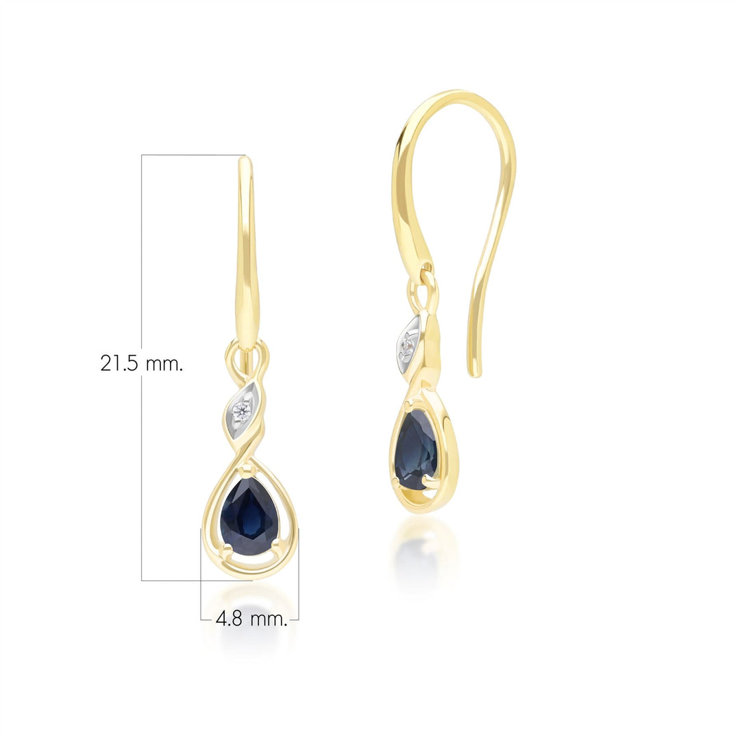 Pendientes colgantes clásicos de zafiro pera y diamantes en oro amarillo de 9 quilates