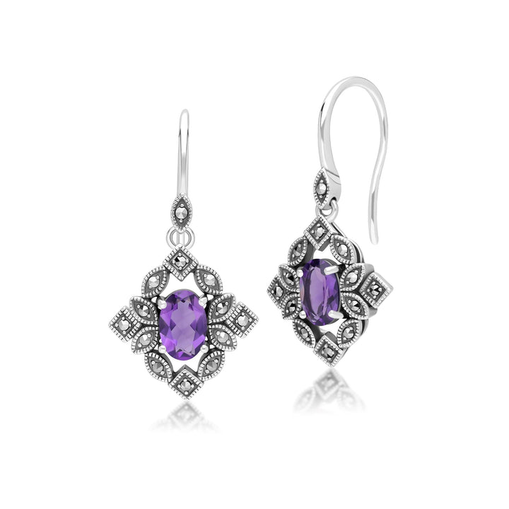 Pendientes colgantes ovalados de amatista y marcasita estilo art déco en plata de ley.