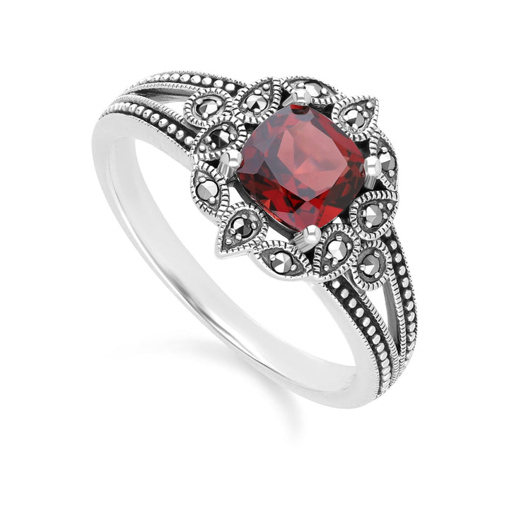 Anillo Art Déco con granate y marcasita en plata de ley