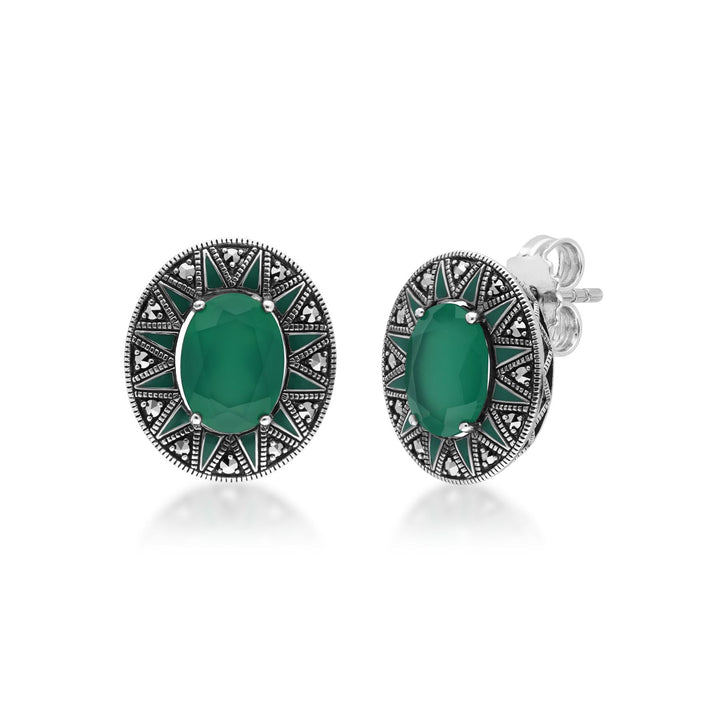 Pendientes ovalados de calcedonia y marcasita de inspiración Art Déco