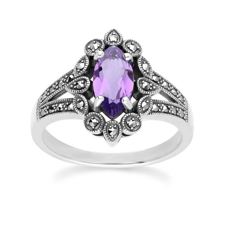 Anillo de amatista y marcasita estilo marquesa en plata de ley estilo art déco