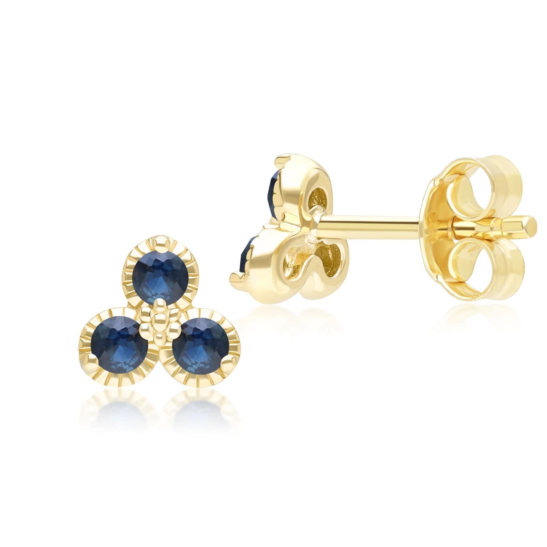 Aretes florales con tres piedras y zafiro en oro amarillo de 9 quilates