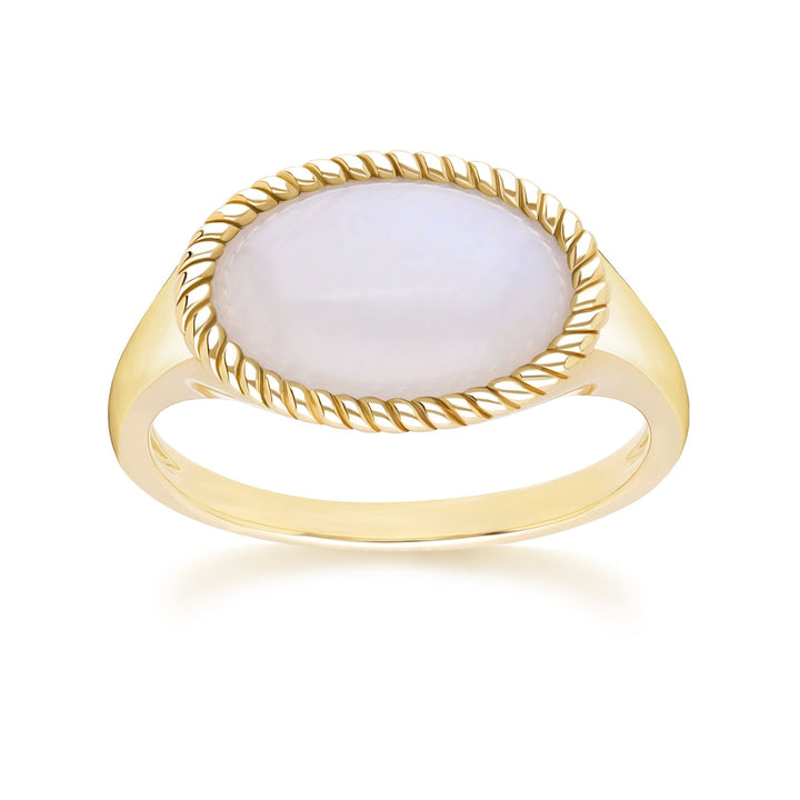 Anillo clásico de piedra lunar arcoíris ovalada en oro amarillo de 9 quilates