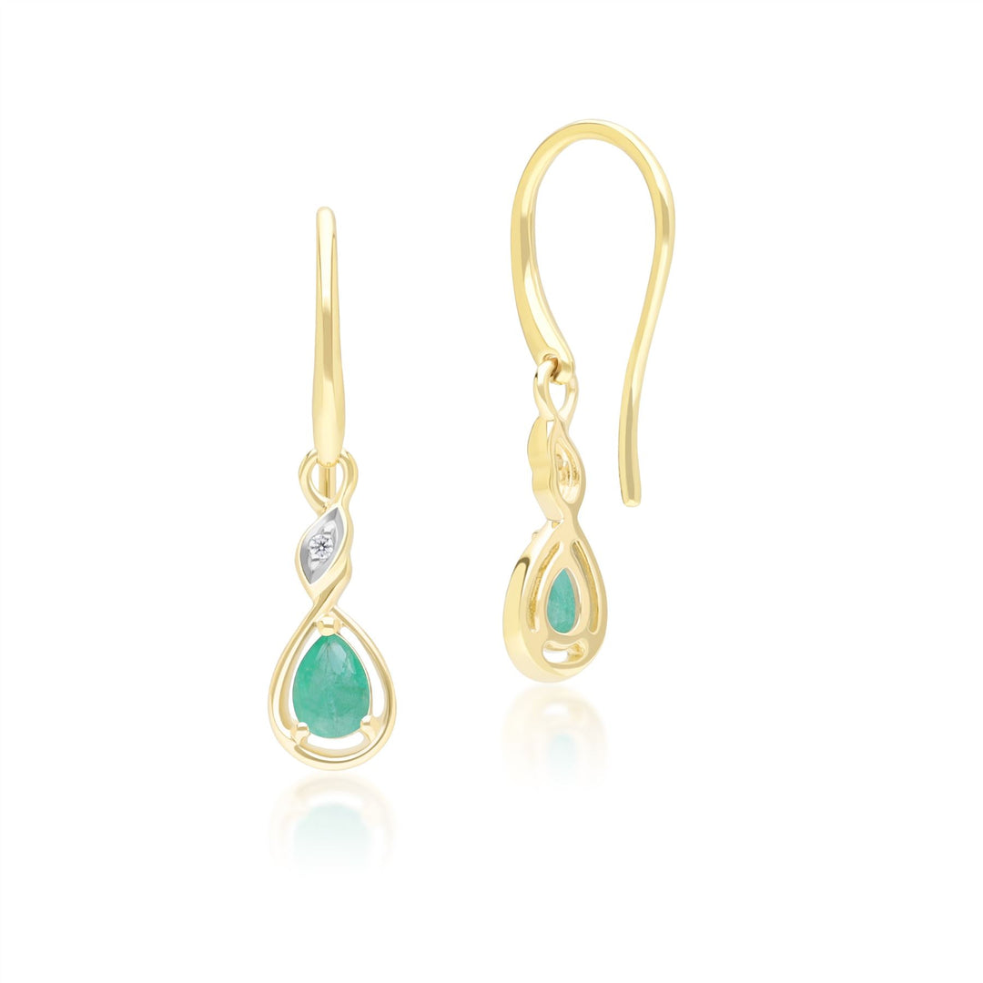 Pendientes clásicos de pera con esmeralda y diamantes en oro amarillo de 9 quilates.