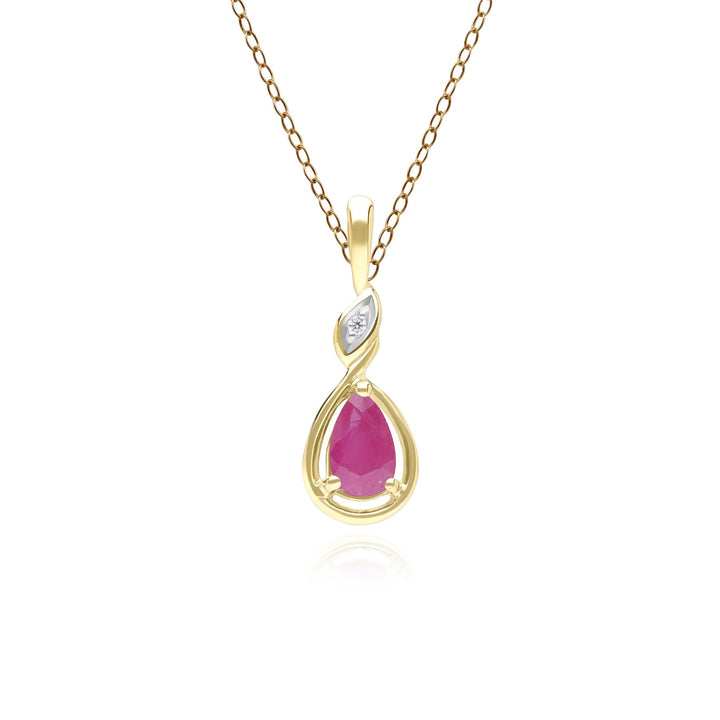Collar clásico con colgante de rubí y diamantes en forma de pera en oro amarillo de 9 quilates
