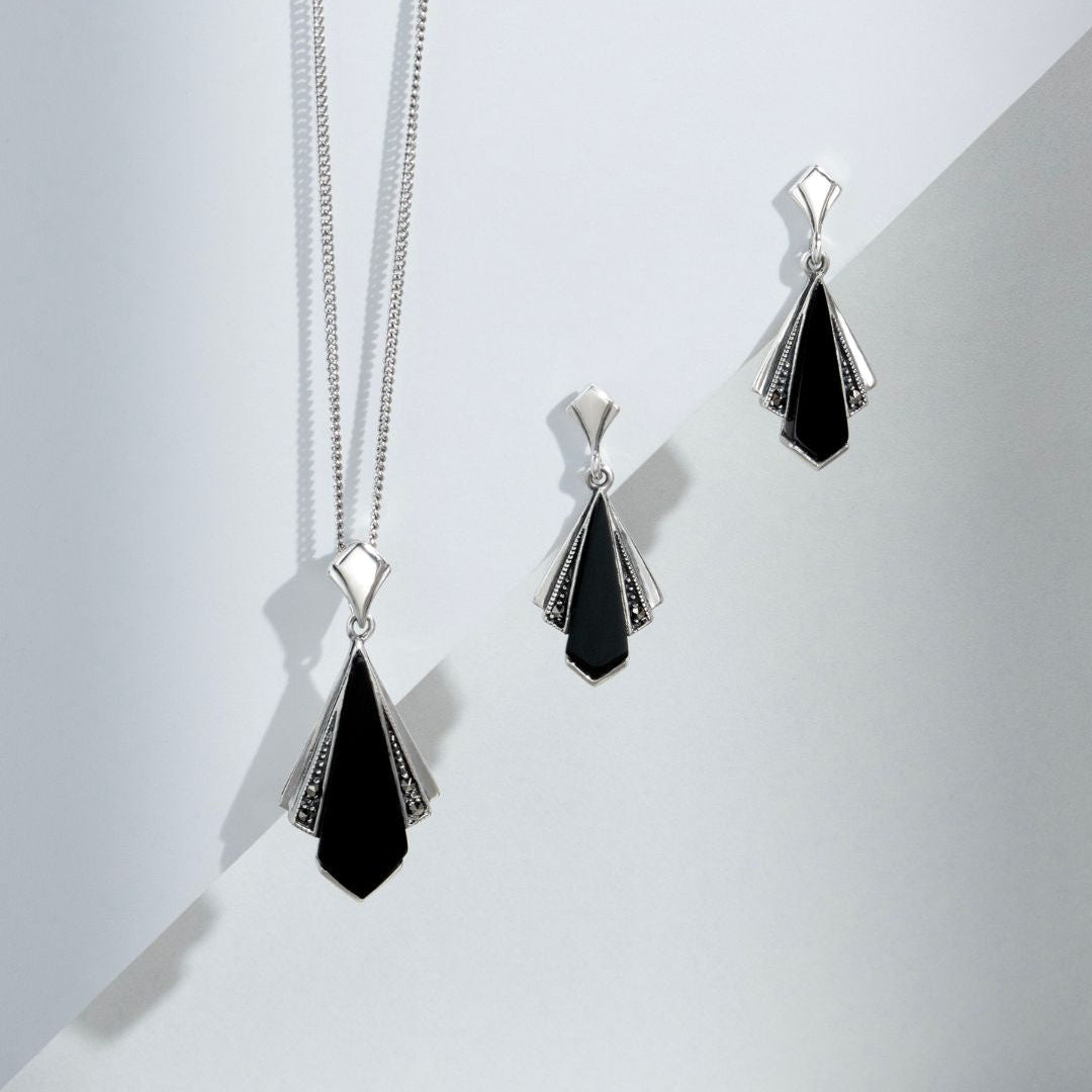 Aretes colgantes estilo art déco de ónix negro y marcasita en forma de abanico en plata de ley 925