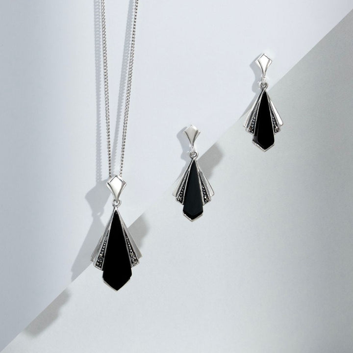 Aretes colgantes estilo art déco de ónix negro y marcasita en forma de abanico en plata de ley 925