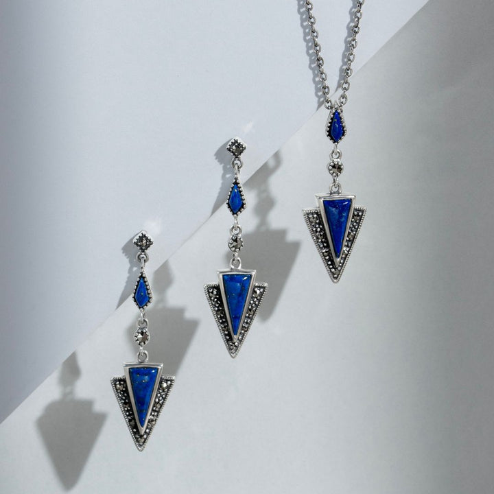 Aretes colgantes triangulares de lapislázuli y marcasita estilo Art Deco en plata de ley 925