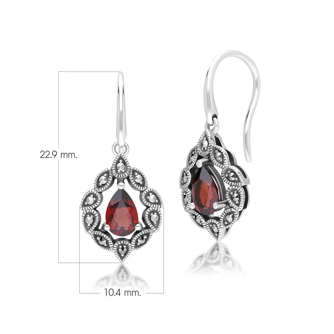Pendientes colgantes de granate pera y marcasita estilo Art Déco en plata de ley