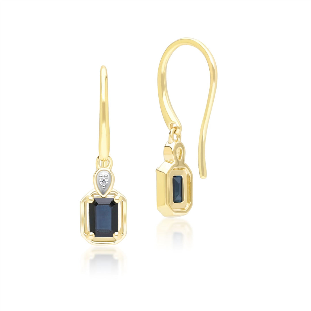 Pendientes colgantes clásicos de zafiro baguette y diamantes en oro amarillo de 9 quilates