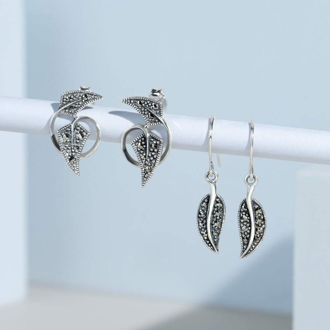 Aretes redondos de marcasita estilo Art Nouveau en plata de ley 925