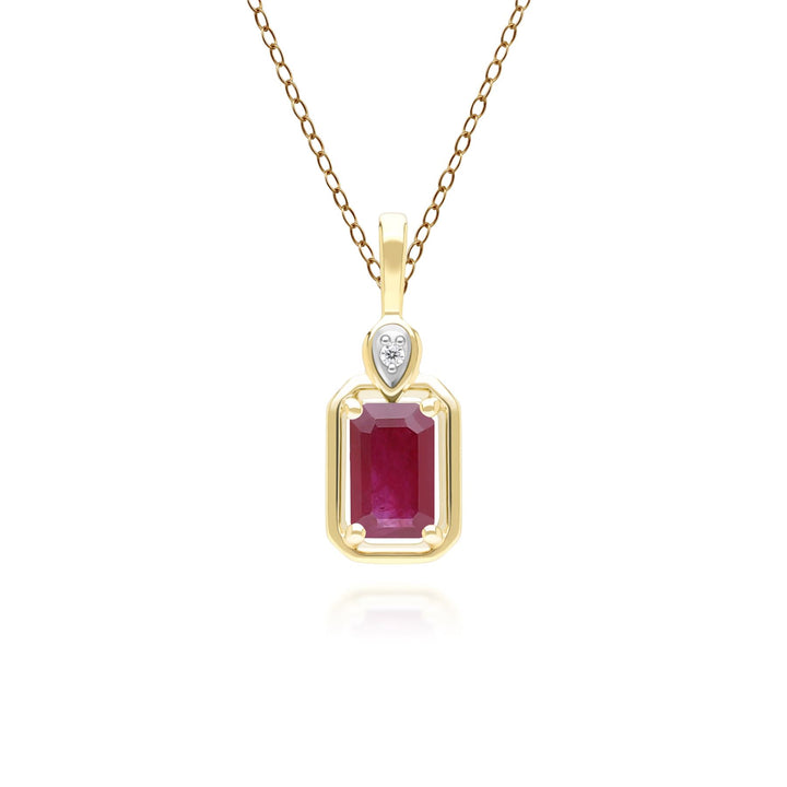 Collar clásico con colgante de rubí baguette y diamantes en oro amarillo de 9 quilates