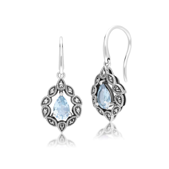 Pendientes colgantes de topacio azul pera y marcasita estilo Art Déco en plata de ley