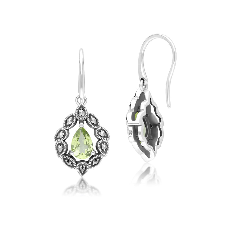 Pendientes colgantes de peridoto y marcasita estilo Art Déco en plata de ley.