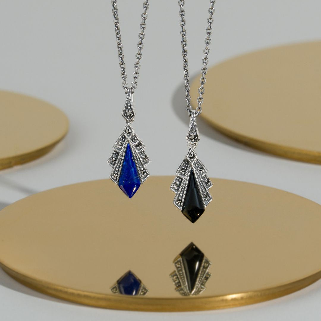 Colgante estilo Art Déco de ónix negro y marcasita en plata de ley 925
