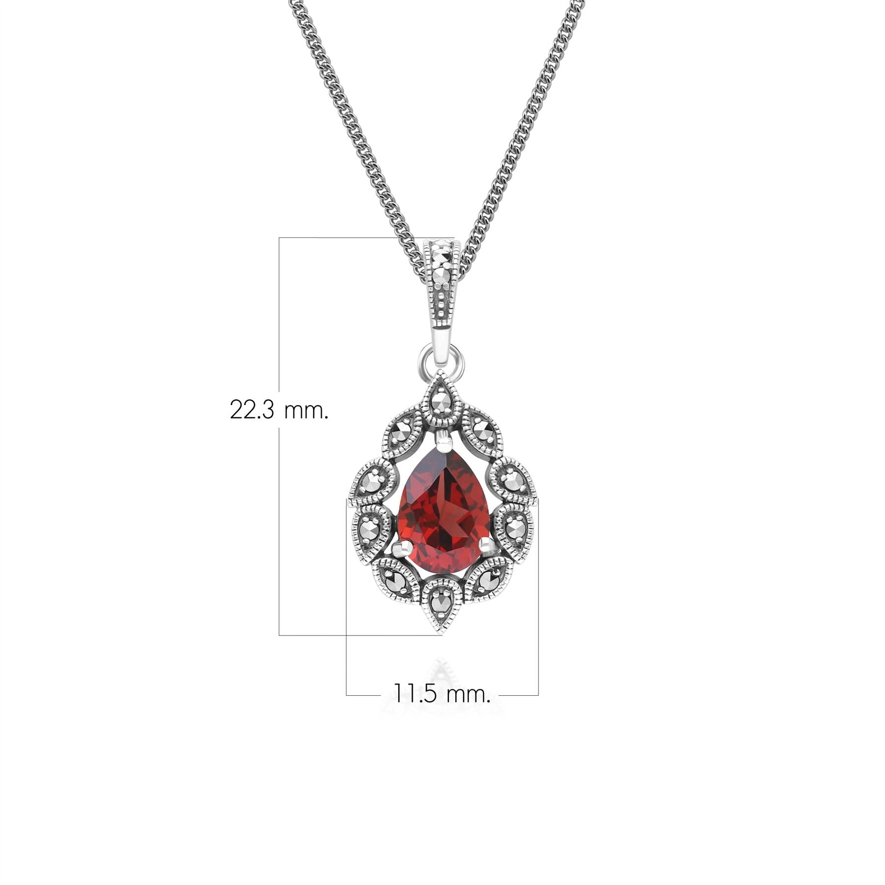 Art Deco Style Pear Garnet & Marcasite Pendant Necklace in Sterling Silver