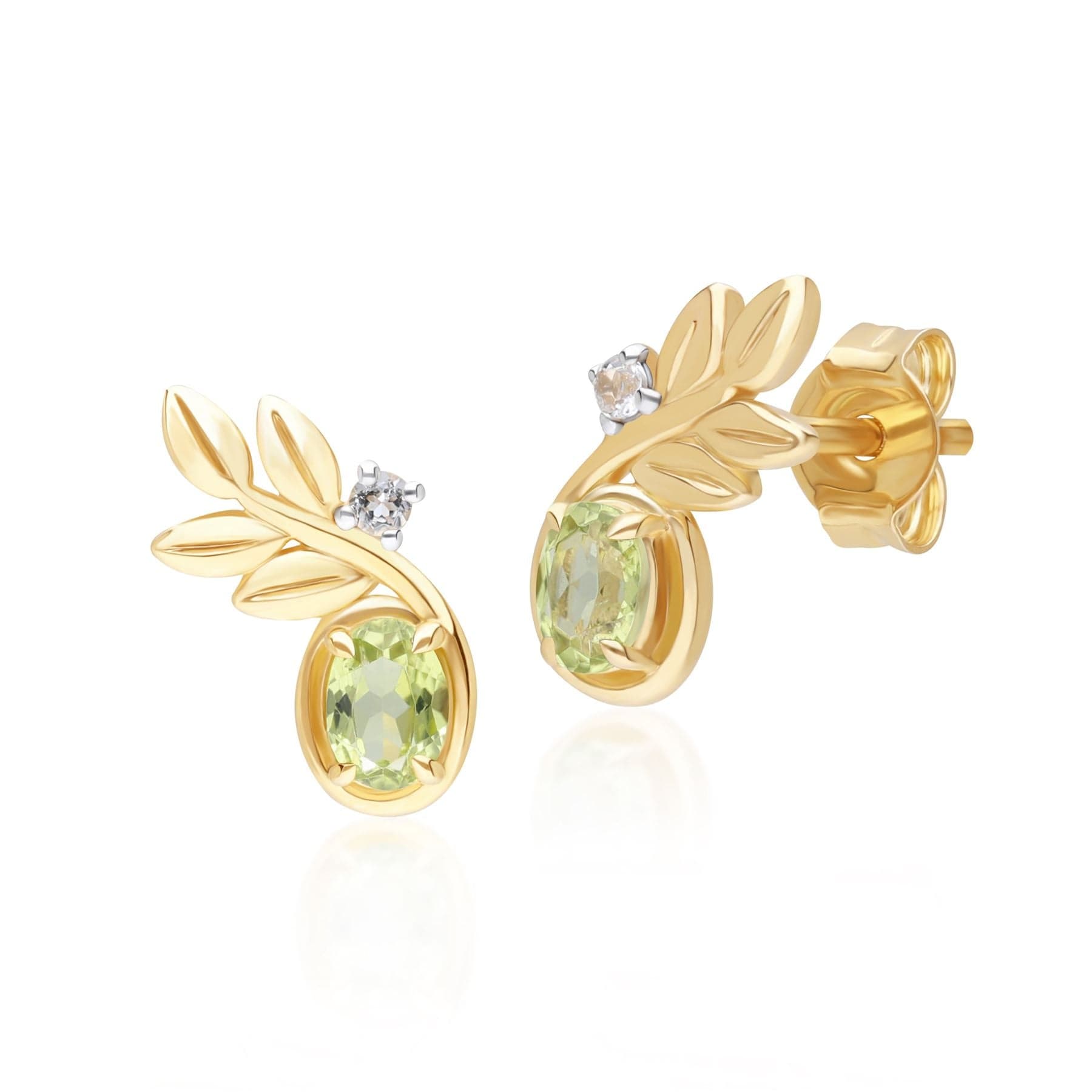 135E1859019 O Leaf Peridot & Diamond Stud Earrings In 9ct Yellow Gold Front