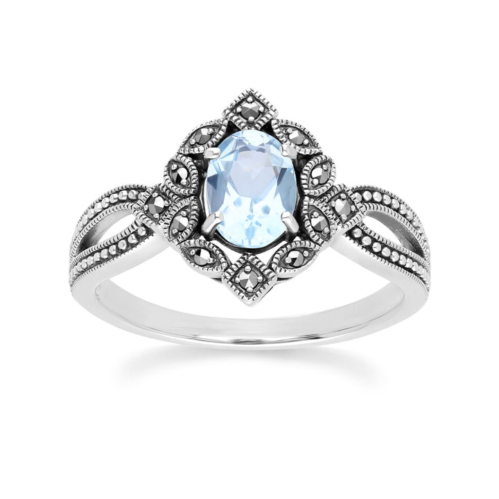 Anillo de topacio azul ovalado y marcasita estilo Art Déco en plata de ley