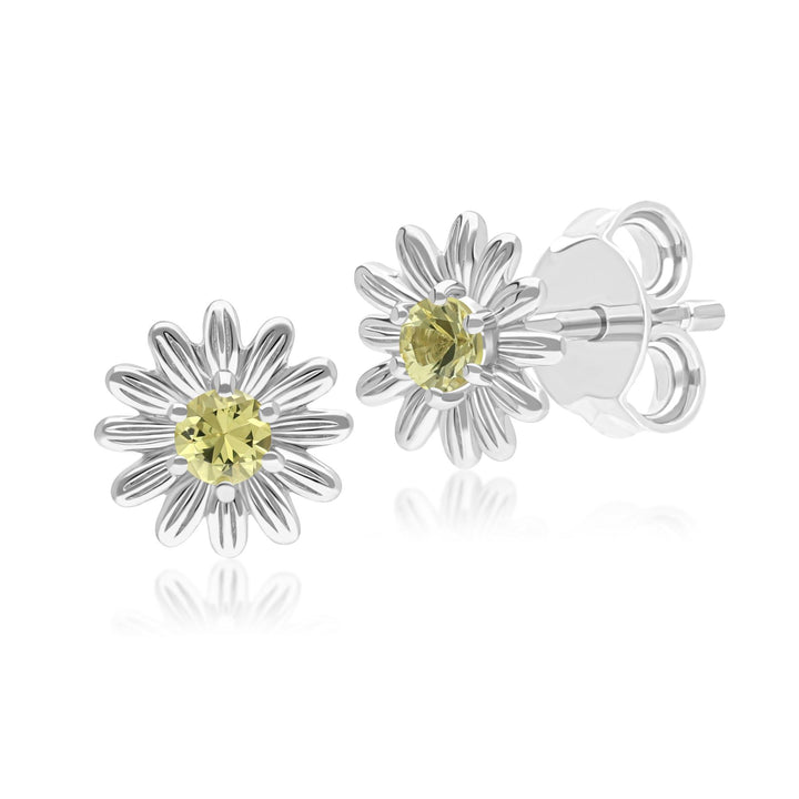Gardenia Daisy Yellow Sapphire Floral Halo Flower Stud Earrings in Solid 9ct White Gold