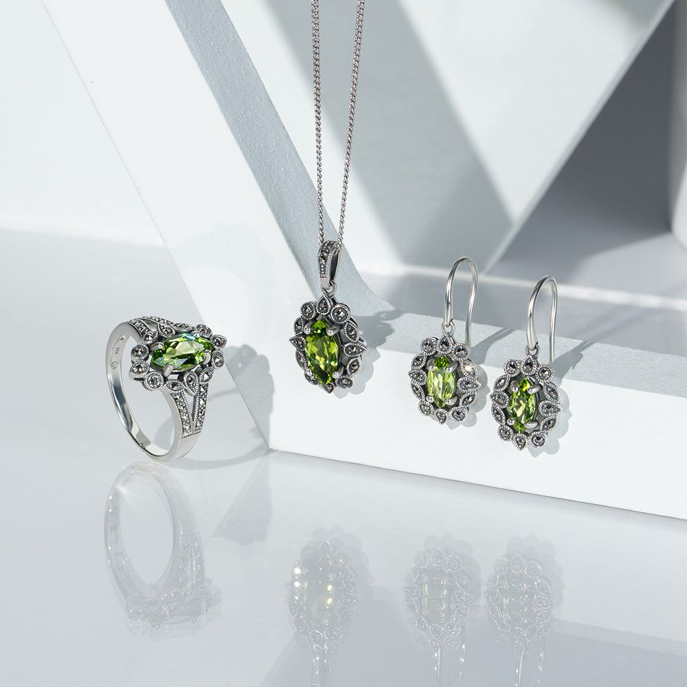Art Deco Style Marquise Peridot & Marcasite Drop Earrings in Sterling Silver