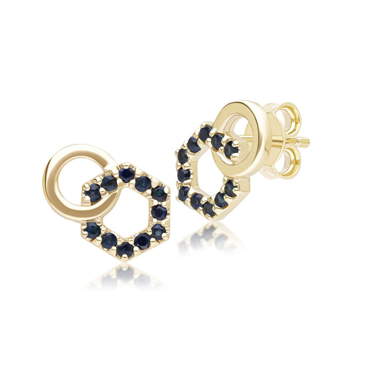 Geometric Hexagon and Round Linked with Prong set Sapphire Stud Earrings in 9ct Yellow Gold