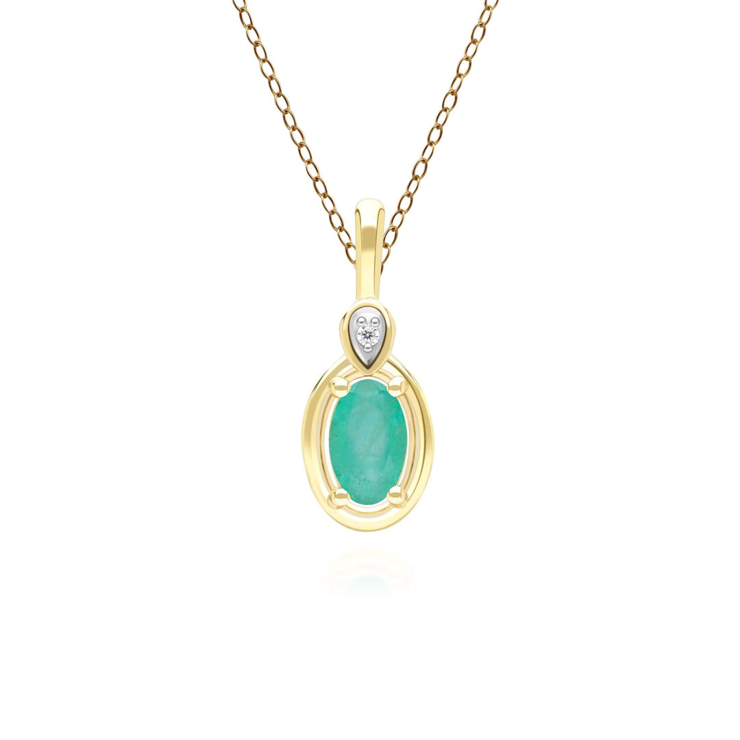 Collar clásico con colgante de esmeralda ovalada y diamante redondo en oro amarillo de 9 quilates
