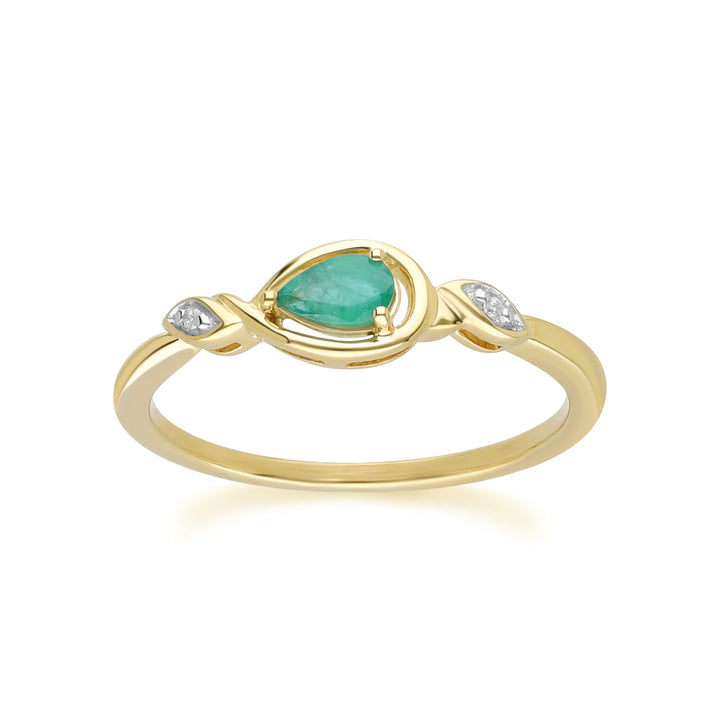 Anillo clásico de pera con esmeralda y diamantes en oro amarillo de 9 quilates