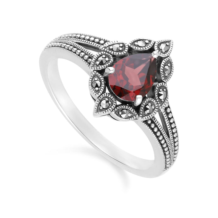 Anillo de granate pera y marcasita estilo Art Déco en plata de ley