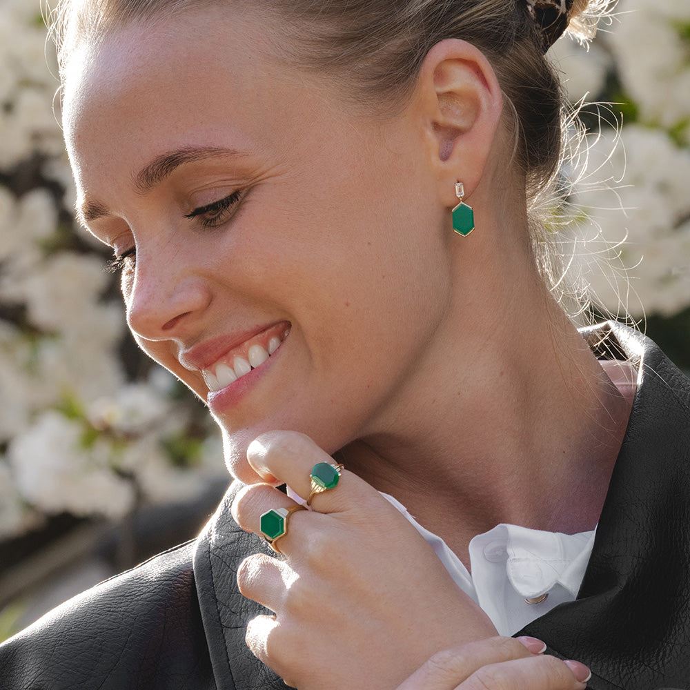 Pendientes colgantes de calcedonia y topacio hexagonales Grand Deco en oro vermeil