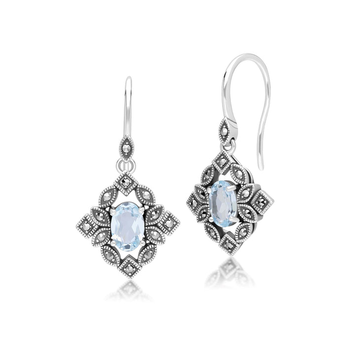 Pendientes colgantes de topacio azul ovalado y marcasita estilo Art Déco en plata de ley