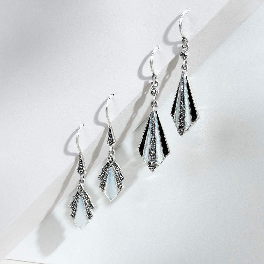 Aretes colgantes estilo art déco con diamantes de nácar y marcasita en plata de ley 925