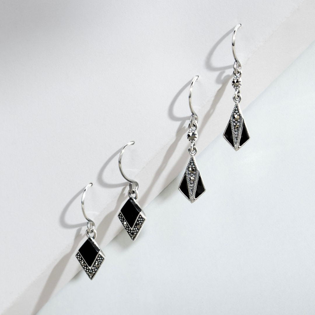 Aretes colgantes estilo Art Déco de ónix negro y marcasita en plata de ley 925