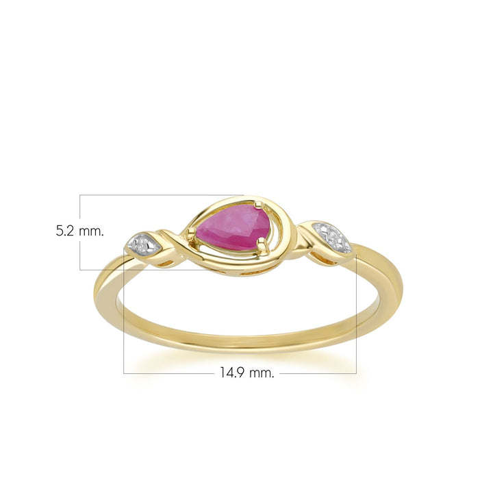 Anillo clásico de rubí y diamante en forma de pera en oro amarillo de 9 quilates