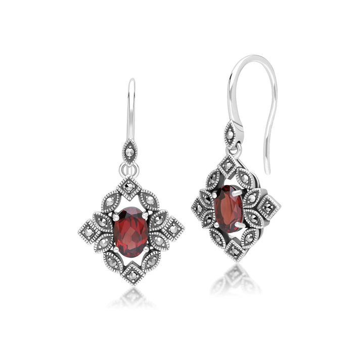 Pendientes colgantes ovalados de granate y marcasita estilo art déco en plata de ley