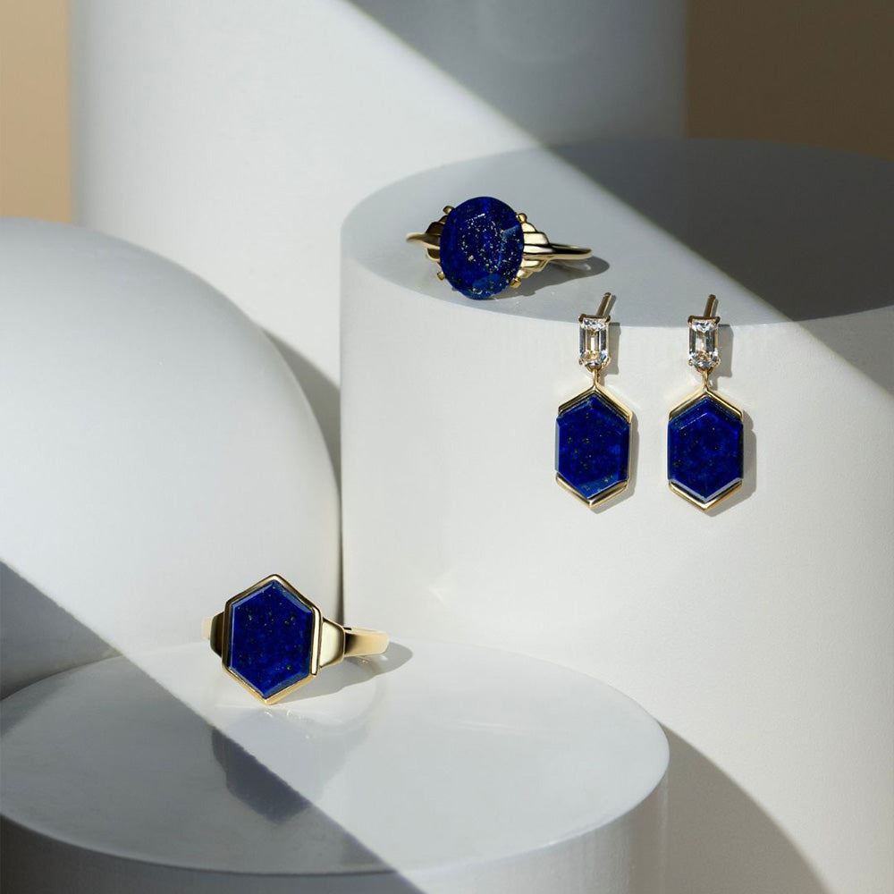 Grand Deco Hexagon Lapis Lazuli Ring in Gold Vermeil