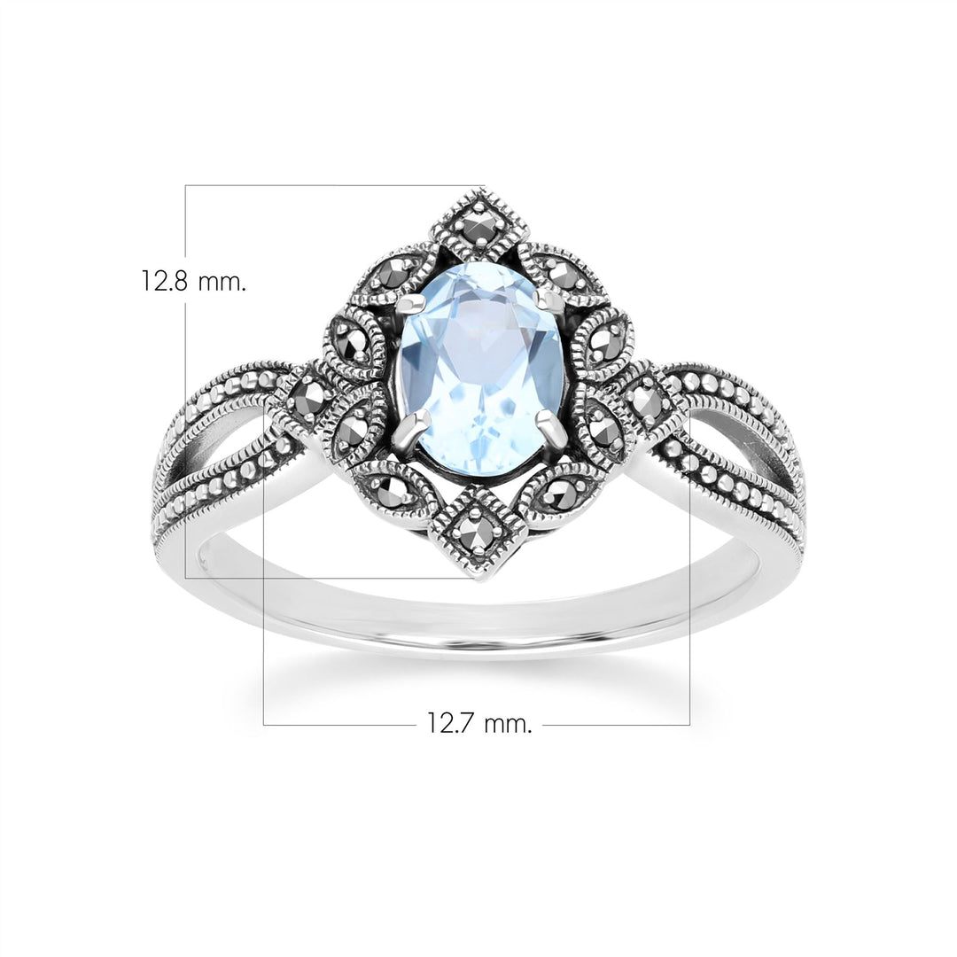 Anillo de topacio azul ovalado y marcasita estilo Art Déco en plata de ley