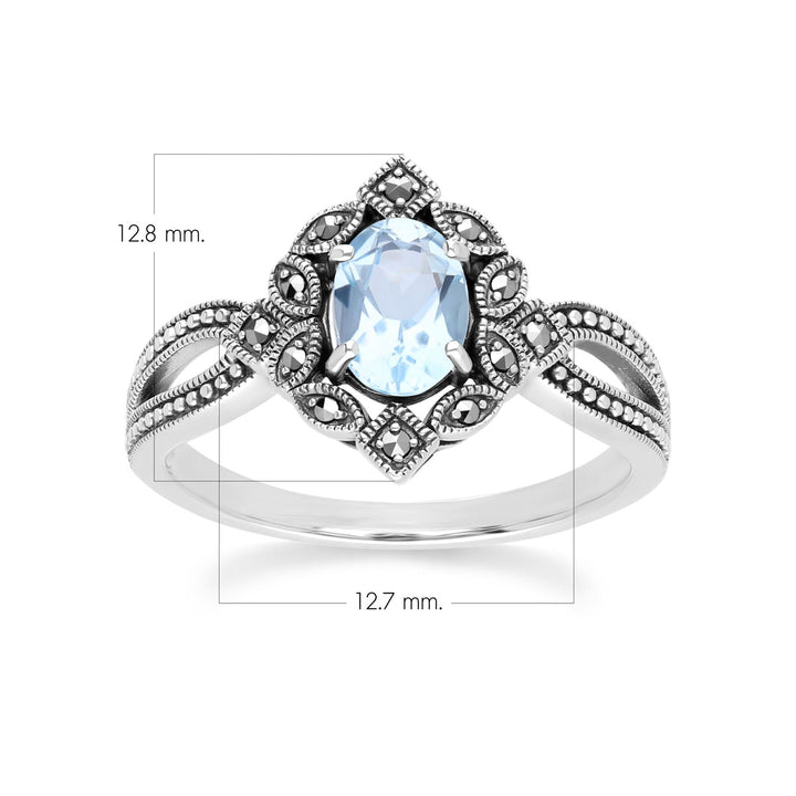 Anillo de topacio azul ovalado y marcasita estilo Art Déco en plata de ley