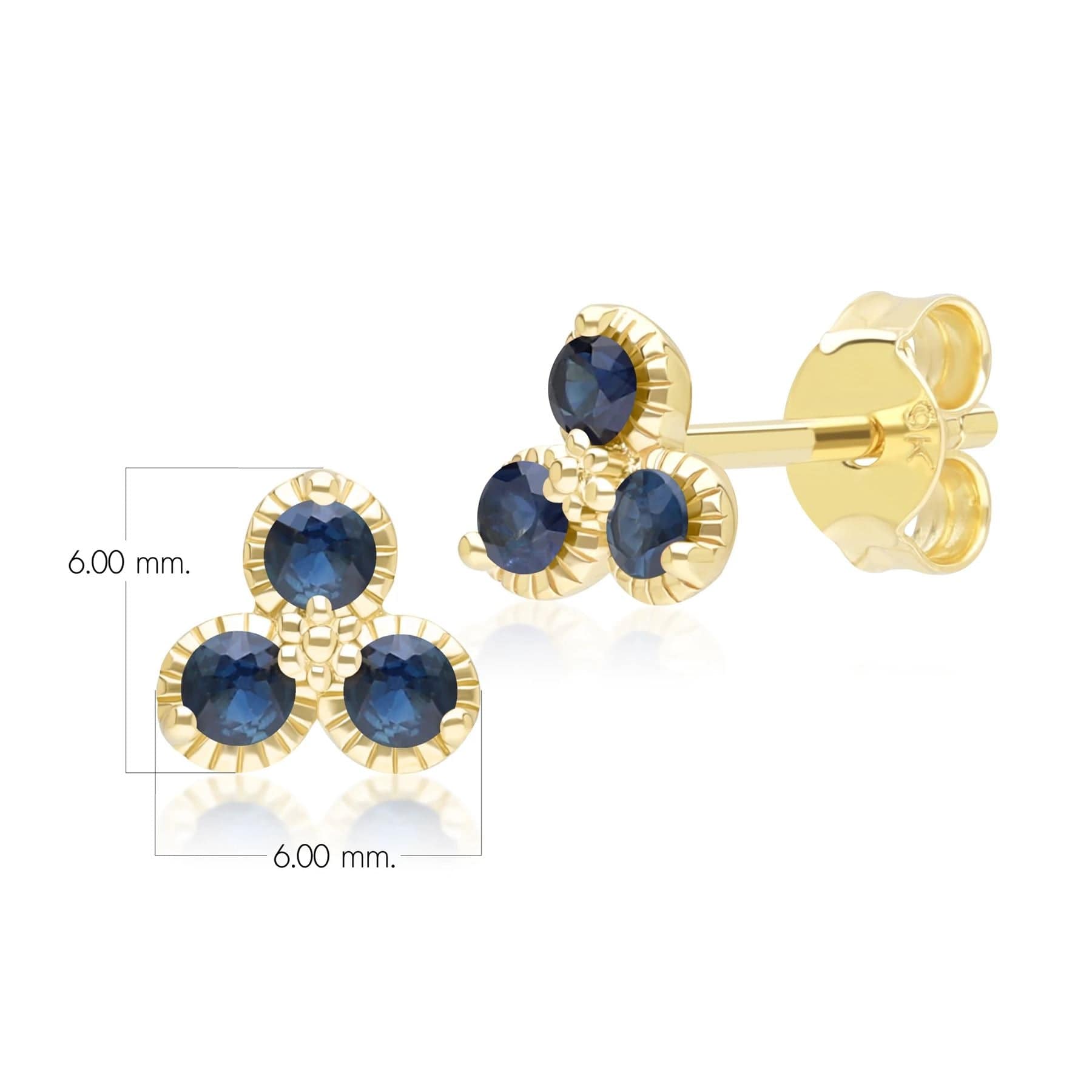 Aretes florales con tres piedras y zafiro en oro amarillo de 9 quilates