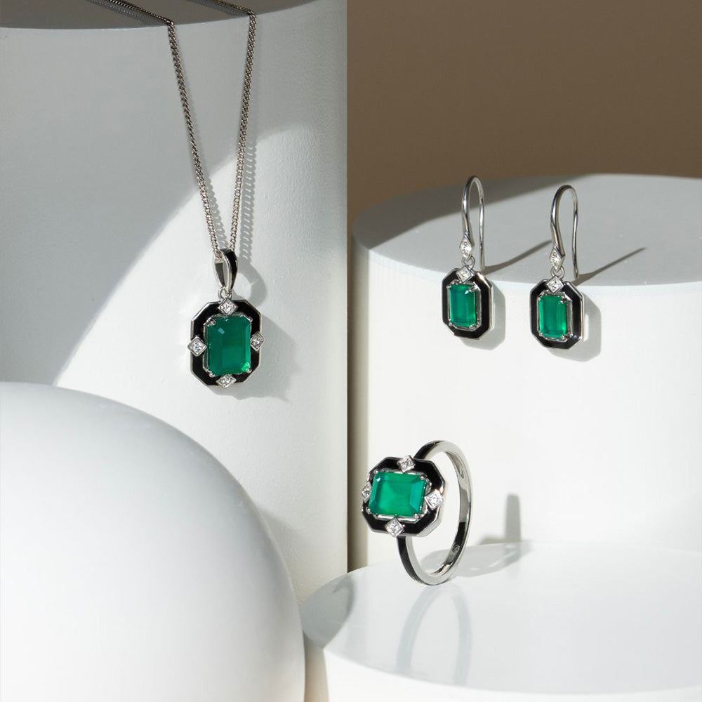 Grand Deco Black Enamel, Green Chalcedony & Topaz Ring in Sterling Silver