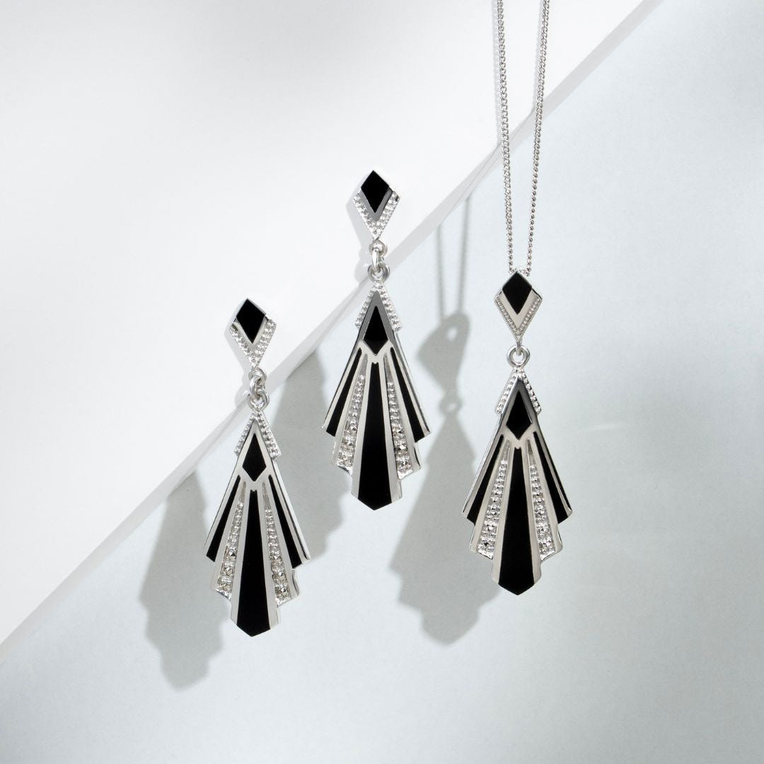 Colgante de abanico de marcasita y ónix negro estilo Art Déco en plata de ley 925