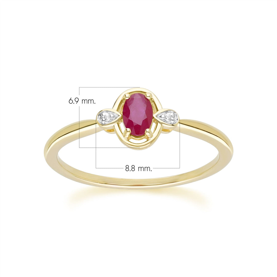 Anillo clásico de rubí ovalado y diamante redondo en oro amarillo de 9 quilates