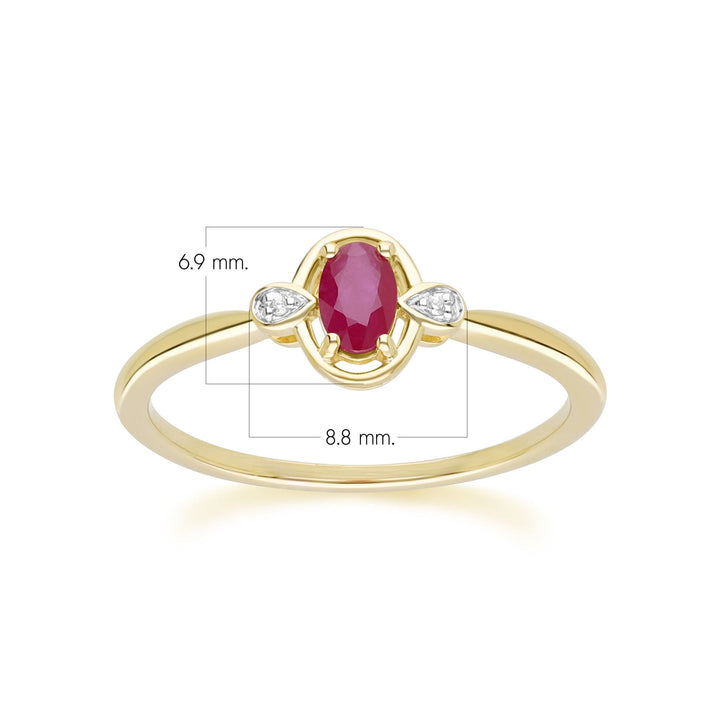 Anillo clásico de rubí ovalado y diamante redondo en oro amarillo de 9 quilates