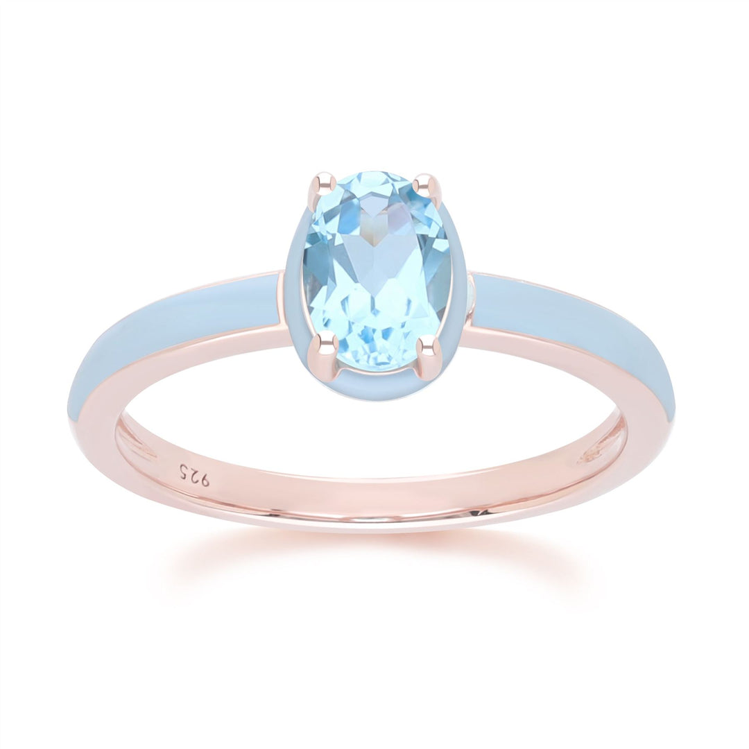 Anillo de esmalte azul y topacio azul cielo ovalado de Vals Siberiano en oro vermeil rosa
